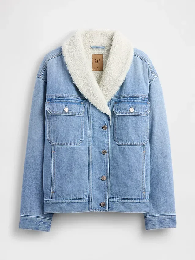 Chaqueta de mezclilla con cuello chal y forro de sherpa