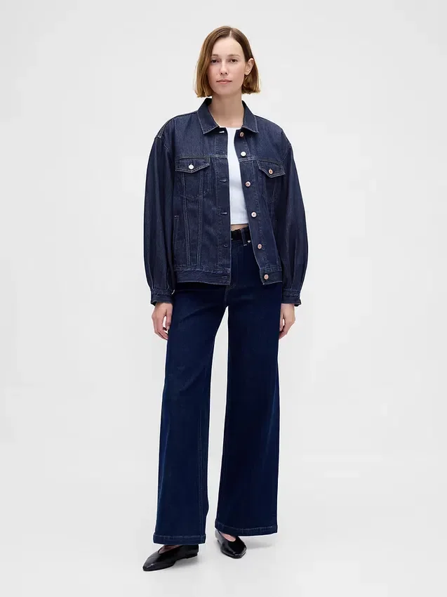 Chaqueta icónica de mezclilla oversize con mangas abullonadas ultrasuaves