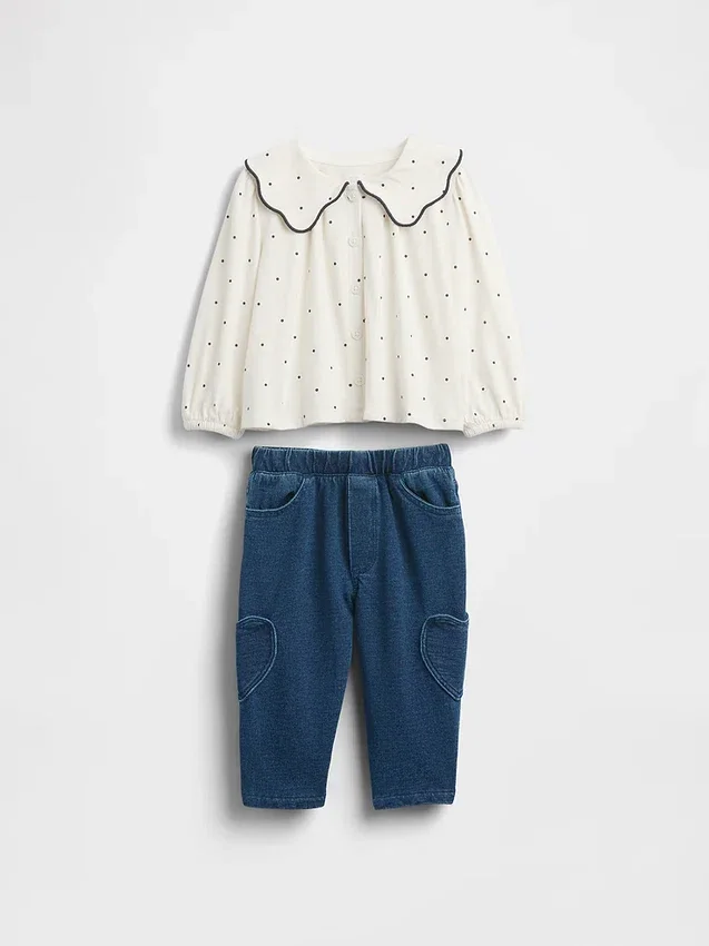 Conjunto de blusa con cuello y pantalones sin bragueta para bebé