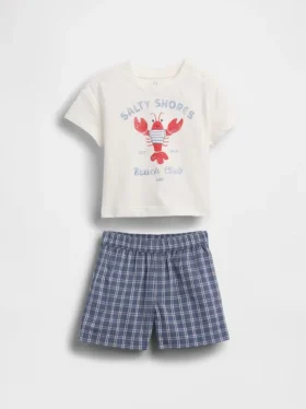Conjunto de camiseta con diseño de langosta bebé y pantalones cortos a cuadros