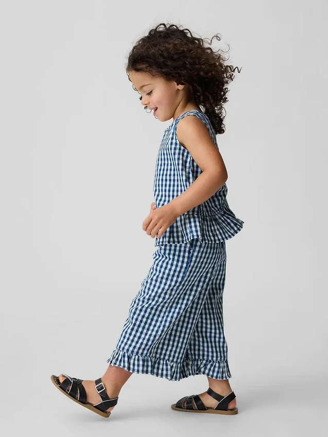 Conjunto de denim a cuadros vichy con dobladillo con volantes para Bebé y Niño