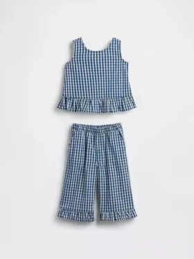 Conjunto de denim a cuadros vichy con dobladillo con volantes para Bebé y Niño