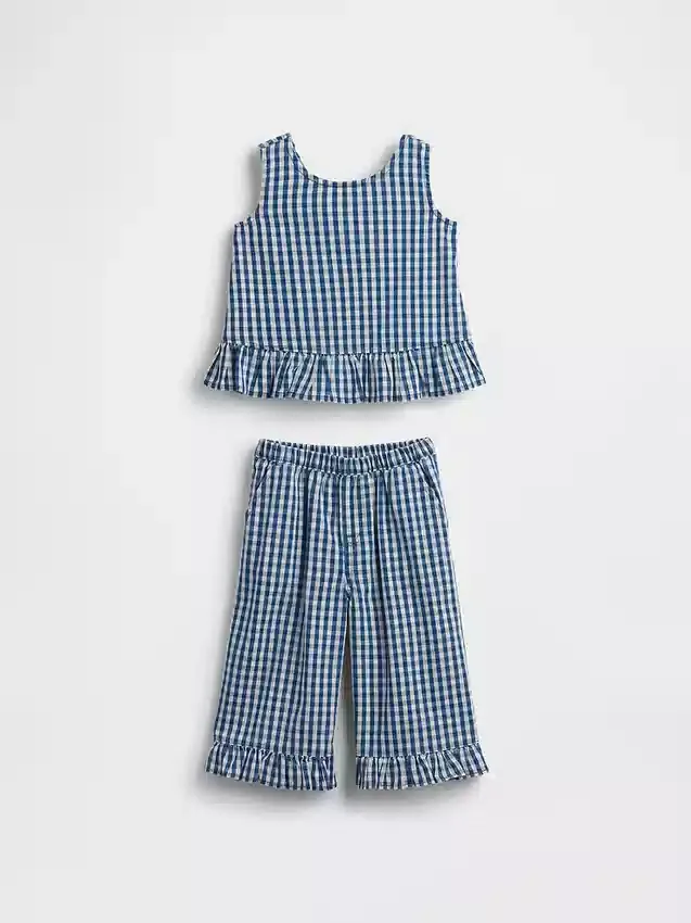 Conjunto de denim a cuadros vichy con dobladillo con volantes para Bebé y Niño