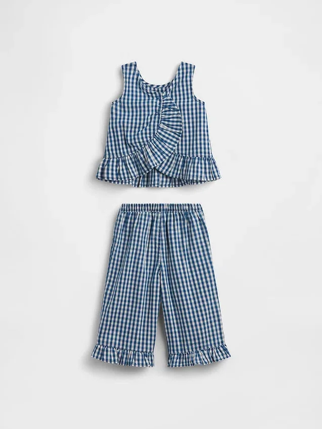 Conjunto de denim a cuadros vichy con dobladillo con volantes para Bebé y Niño