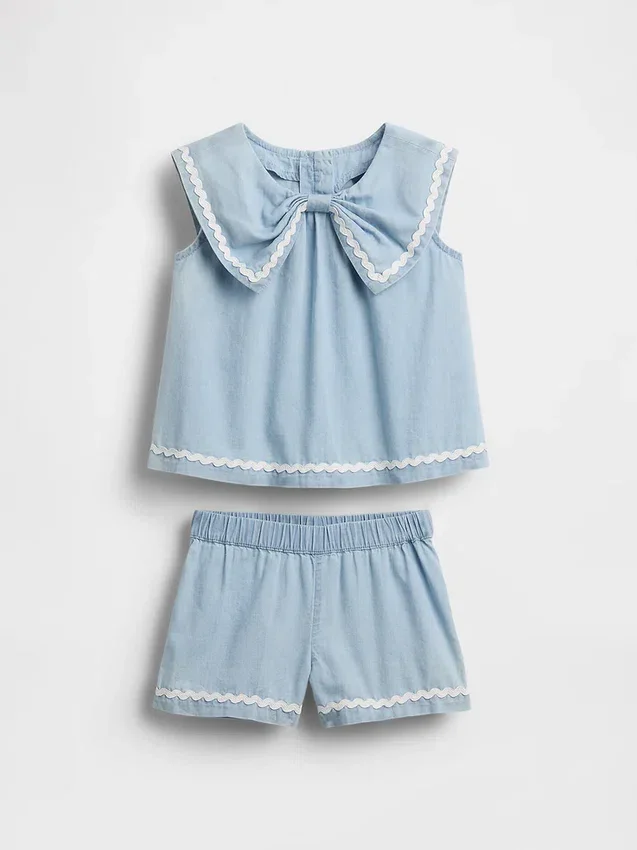 Conjunto de denim con moño para bebés y niños pequeños