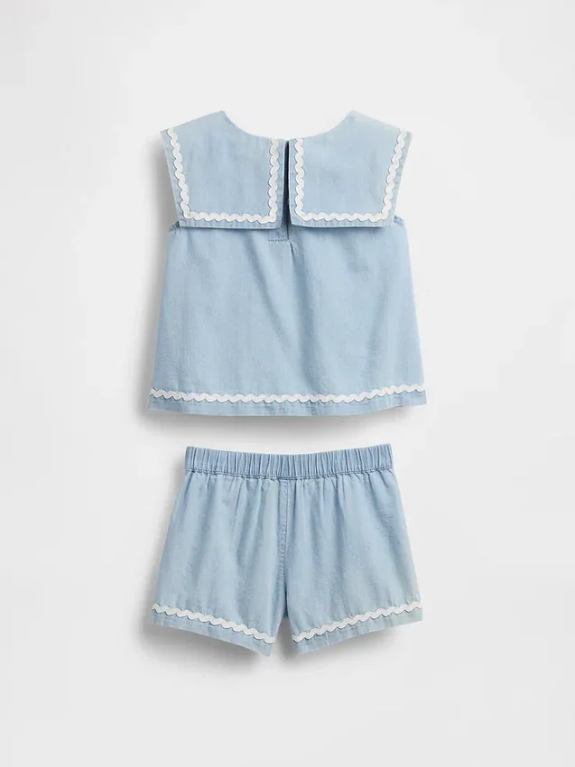 Conjunto de denim con moño para bebés y niños pequeños