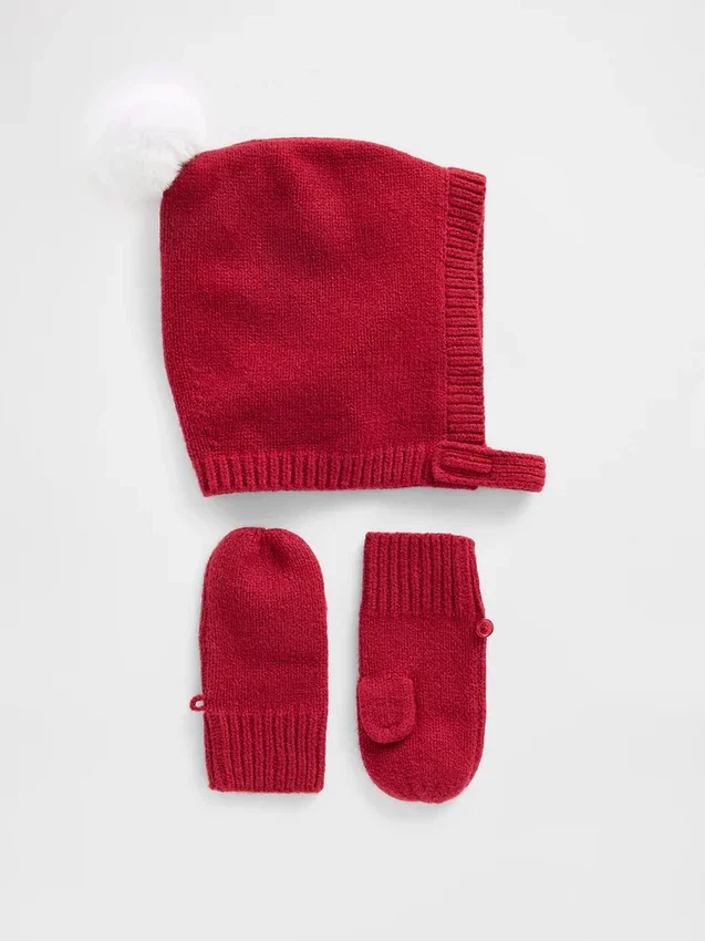 Conjunto de gorro con pompón y mitones CashSoft para bebés y niños pequeños