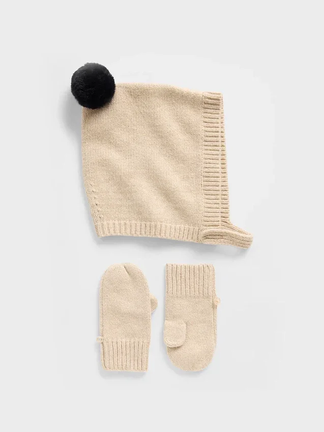 Conjunto de gorro con pompón y mitones CashSoft para bebés y niños pequeños