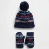 Conjunto de gorro y manoplas con pompón estilo Fair Isle para bebés y niños