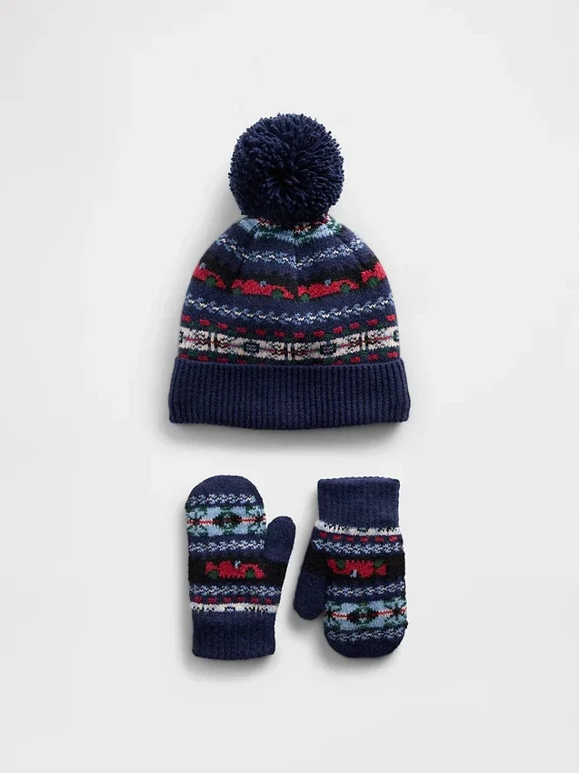 Conjunto de gorro y manoplas con pompón estilo Fair Isle para bebés y niños
