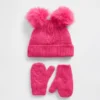 Conjunto de gorro y mitones con pompón de punto trenzado para bebés y niños