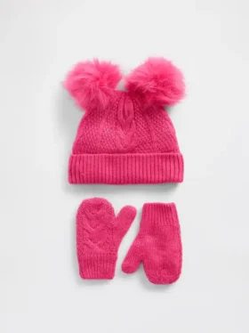Conjunto de gorro y mitones con pompón de punto trenzado para bebés y niños