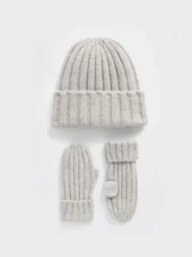 Conjunto de gorro y mitones de punto acanalado CashSoft para Bebé y Niño