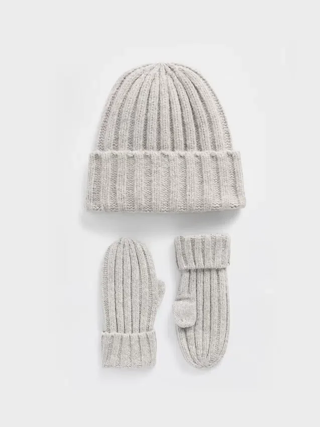 Conjunto de gorro y mitones de punto acanalado CashSoft para Bebé y Niño