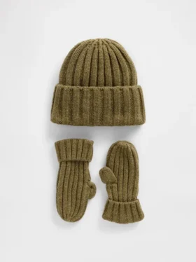 Conjunto de gorro y mitones de punto acanalado CashSoft para Bebé y Niño