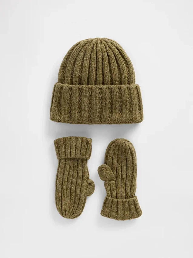 Conjunto de gorro y mitones de punto acanalado CashSoft para Bebé y Niño