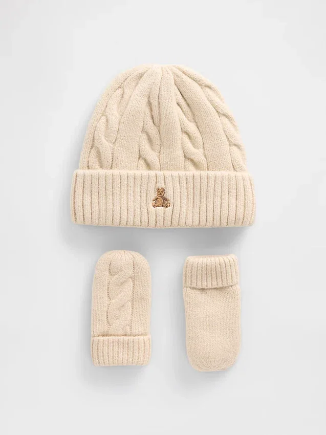 Conjunto de gorro y mitones de punto trenzado CashSoft para Bebé y Niño