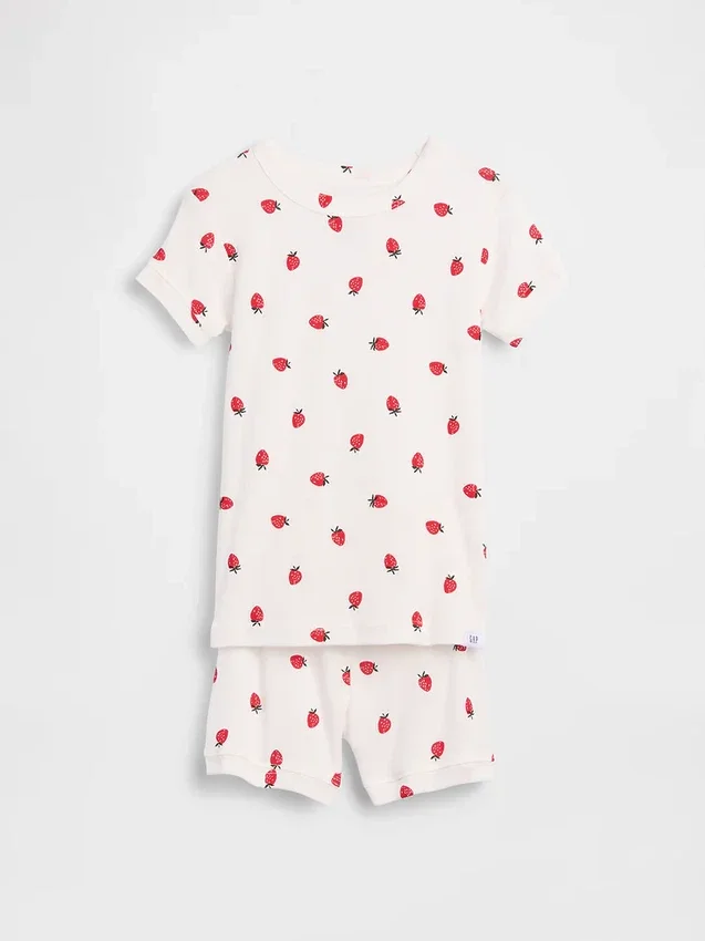 Conjunto de pijama corto de algodón orgánico cepillado con estampado de fresas para Bebé y Niño