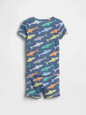Conjunto de pijama de algodón orgánico cepillado con estampado de tiburón para bebés y niños pequeños en pantalones cortos