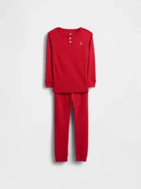 Conjunto de pijama de algodón orgánico cepillado estilo Henley para bebés y niños