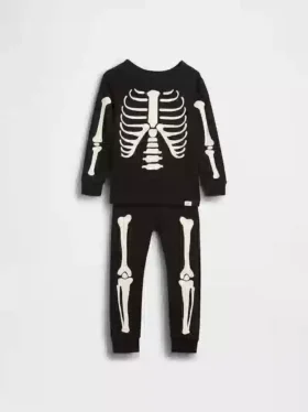 Conjunto de pijama de algodón orgánico cepillado para niños y bebés con esqueleto que brilla en la oscuridad