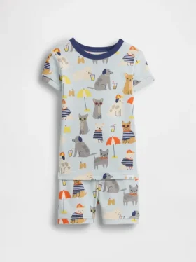 Conjunto de pijama de pantalones cortos de algodón orgánico cepillado «Beach Dogs» para bebés y niños
