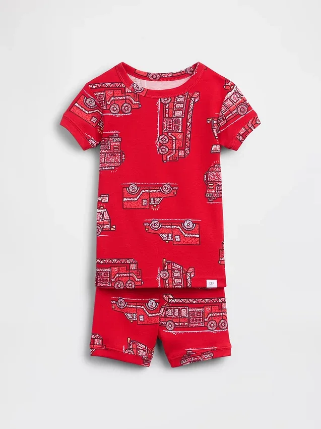 Conjunto de pijama de pantalones cortos de algodón orgánico cepillado con diseño de camión de bomberos para bebés y niños
