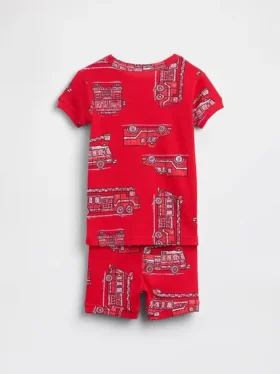 Conjunto de pijama de pantalones cortos de algodón orgánico cepillado con diseño de camión de bomberos para bebés y niños