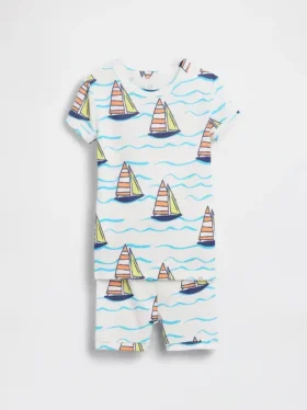Conjunto de pijama de pantalones cortos de algodón orgánico cepillado con diseño de velero para Bebé y Niño