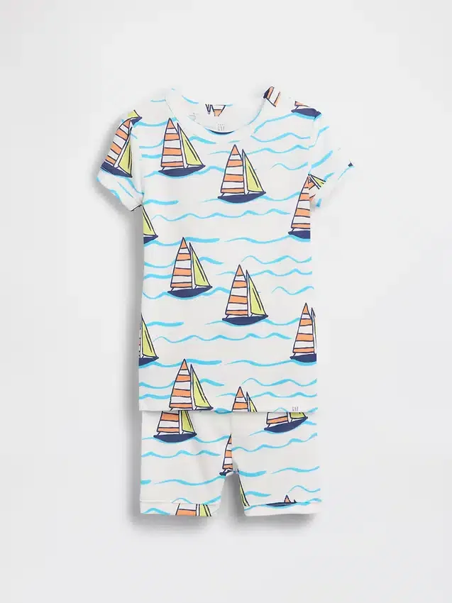 Conjunto de pijama de pantalones cortos de algodón orgánico cepillado con diseño de velero para Bebé y Niño