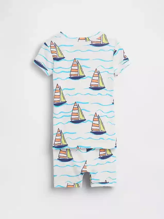 Conjunto de pijama de pantalones cortos de algodón orgánico cepillado con diseño de velero para Bebé y Niño