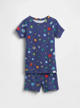 Conjunto de pijama de pantalones cortos de algodón orgánico cepillado con estampado de extraterrestres para bebés y niños pequeños
