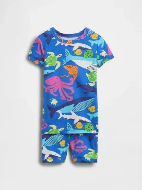 Conjunto de pijama de pantalones cortos de algodón orgánico cepillado con motivos de criaturas marinas para bebés y niños