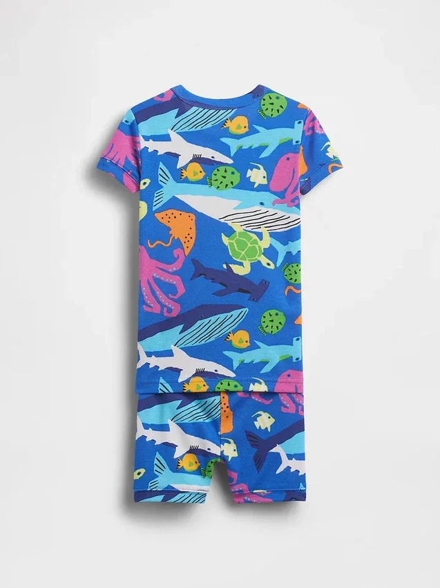 Conjunto de pijama de pantalones cortos de algodón orgánico cepillado con motivos de criaturas marinas para bebés y niños