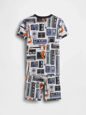 Conjunto de pijama de pantalones cortos para niños de algodón orgánico cepillado con estampado musical