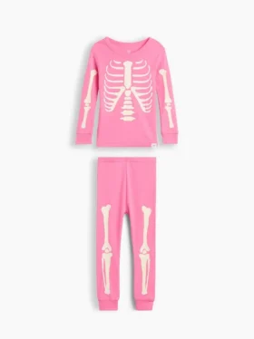 Conjunto de pijama orgánico de algodón cepillado con esqueleto que brilla en la oscuridad para Bebé y Niño