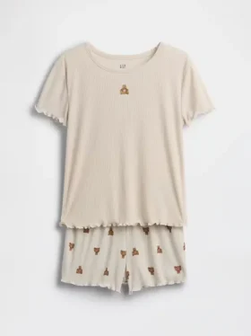 Conjunto de pijama para niños con pantalones cortos reciclados de punto acanalado y oso Brannan