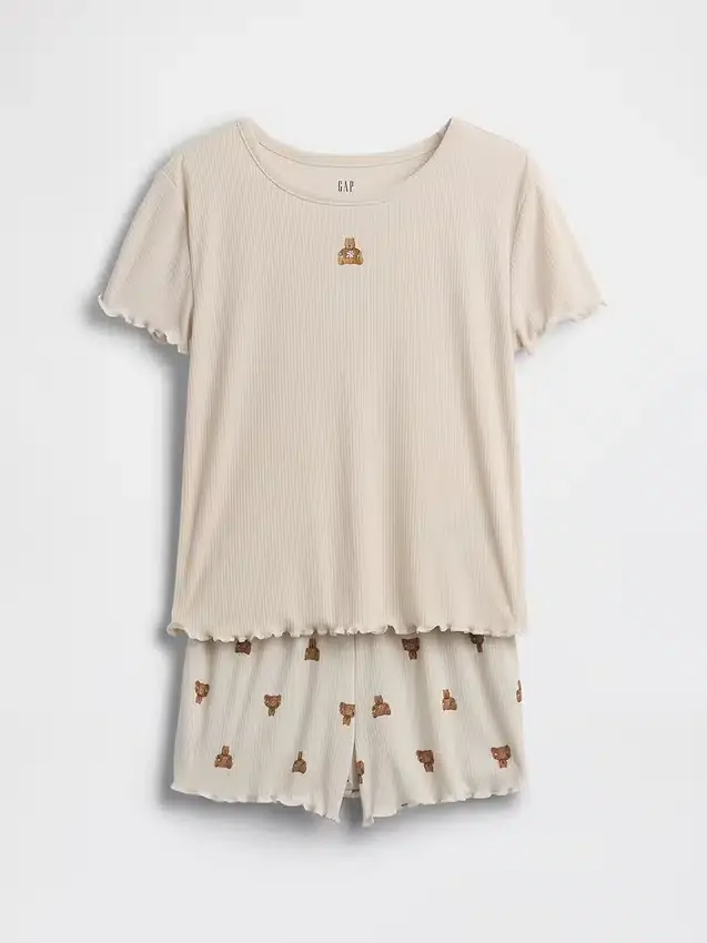 Conjunto de pijama para niños con pantalones cortos reciclados de punto acanalado y oso Brannan