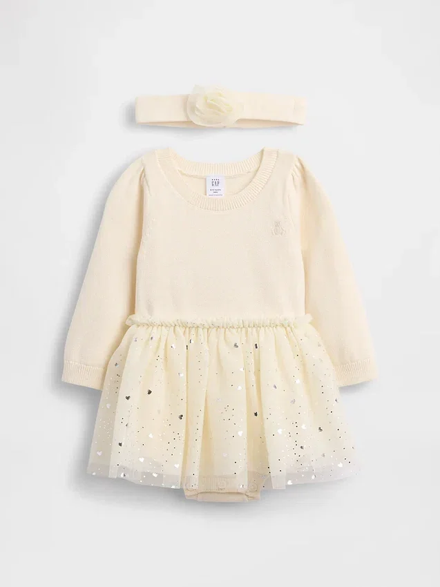 Conjunto de vestido y body de jerséu de tul para bebé
