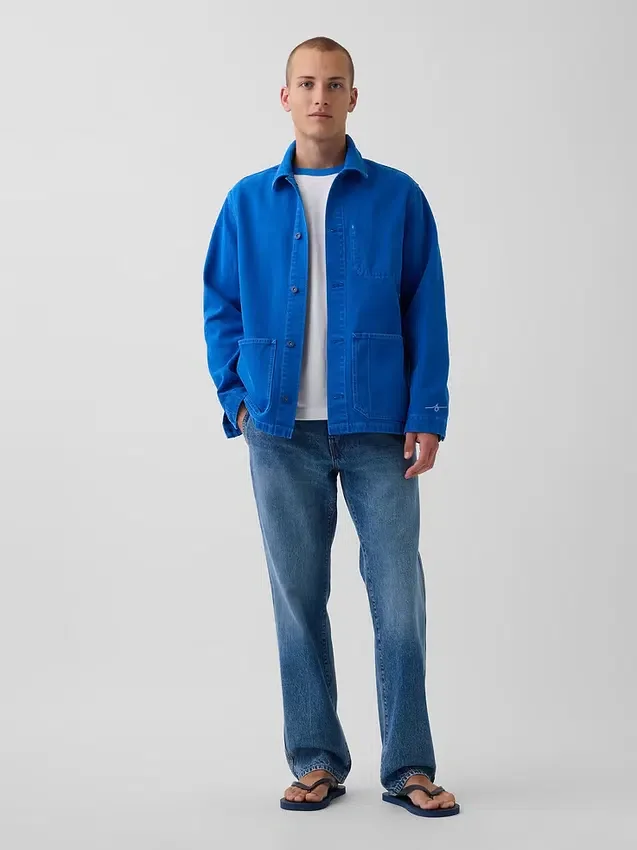 Consigue la chaqueta de trabajo holgada azul