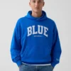 Consigue la sudadera con capucha de felpa francesa gruesa azul con logotipo