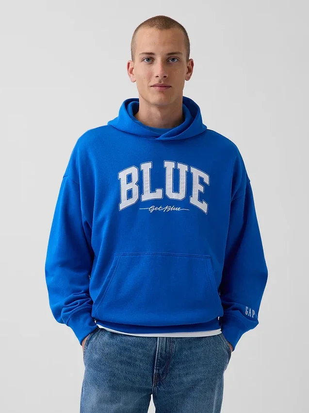 Consigue la sudadera con capucha de felpa francesa gruesa azul con logotipo