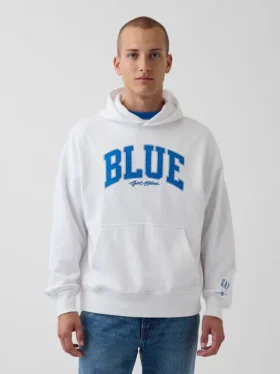 Consigue la sudadera con capucha de felpa francesa gruesa azul con logotipo