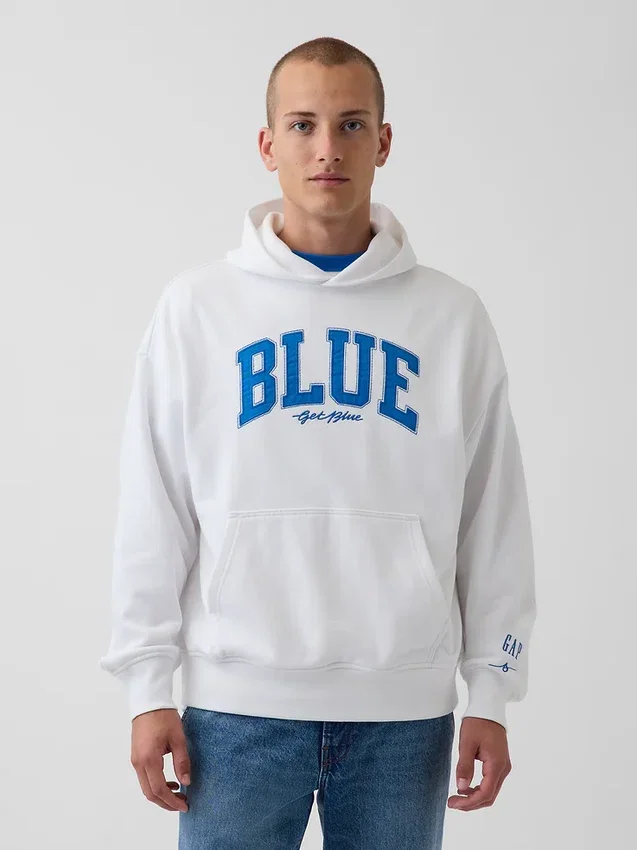 Consigue la sudadera con capucha de felpa francesa gruesa azul con logotipo