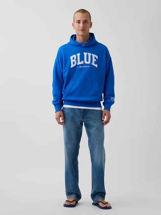 Consigue la sudadera con capucha de felpa francesa gruesa azul con logotipo