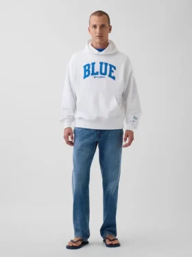 Consigue la sudadera con capucha de felpa francesa gruesa azul con logotipo