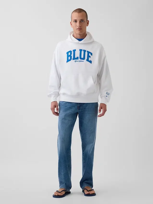 Consigue la sudadera con capucha de felpa francesa gruesa azul con logotipo