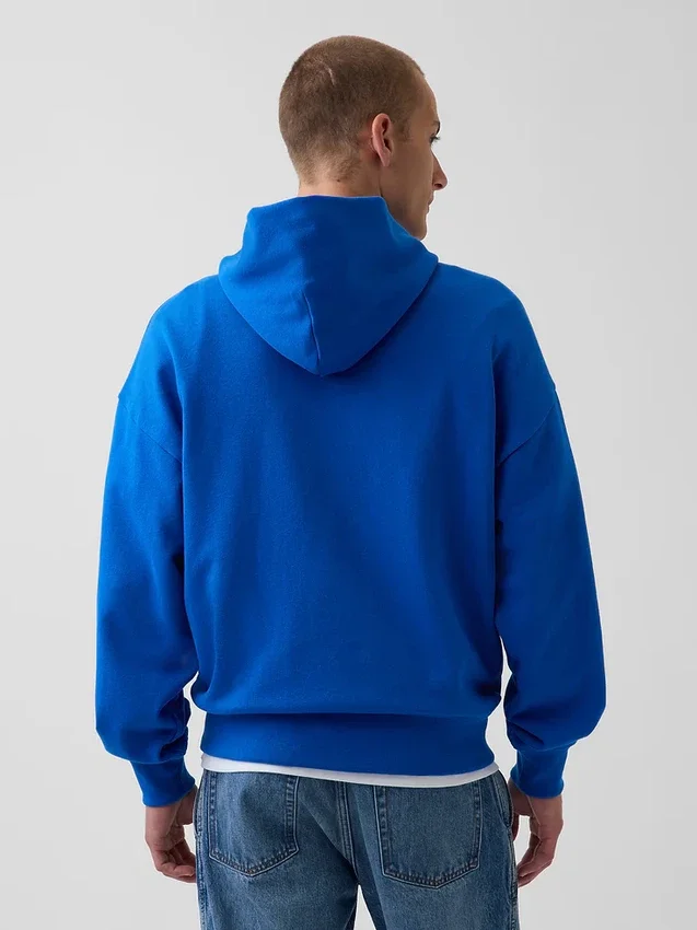 Consigue la sudadera con capucha de felpa francesa gruesa azul con logotipo