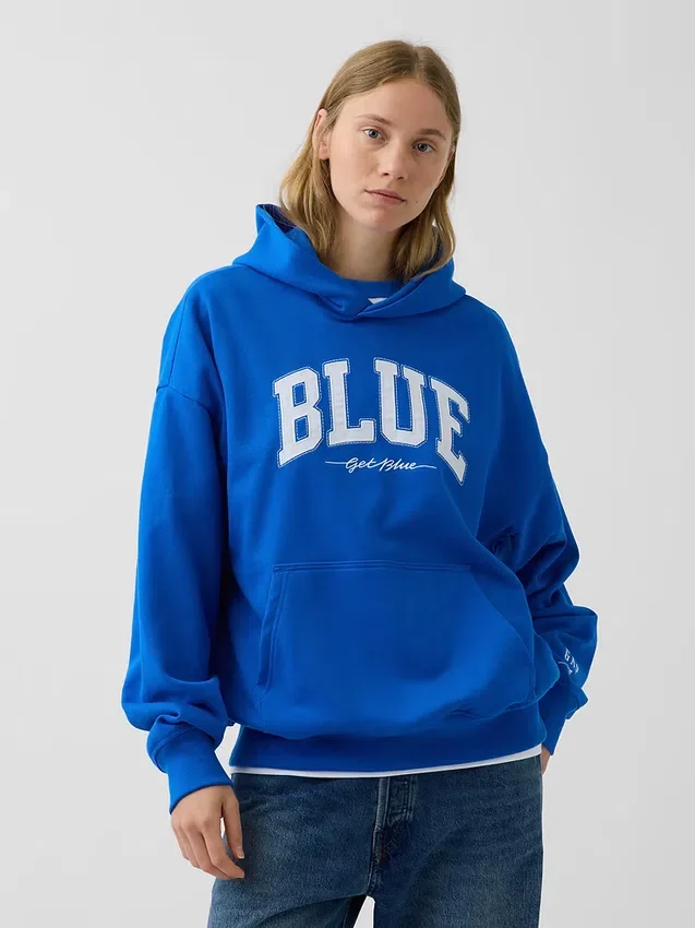 Consigue la sudadera con capucha de felpa francesa gruesa azul con logotipo