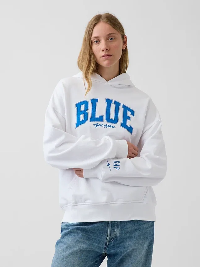 Consigue la sudadera con capucha de felpa francesa gruesa azul con logotipo
